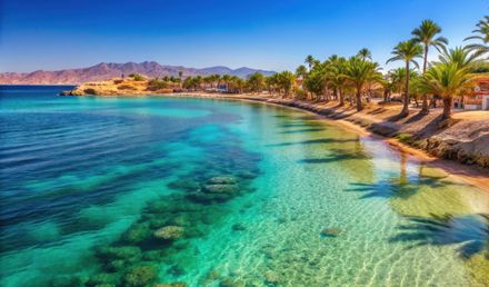 Strand von Sharm el Sheikh in Ägypten mit klarem Wasser, Palmenpromenade und Korallenriffen im Roten Meer