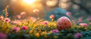 Rosa Osterei mit roten Blumenmustern steht auf einer Wiese mit kleinen rosa Blüten im Sonnenlicht