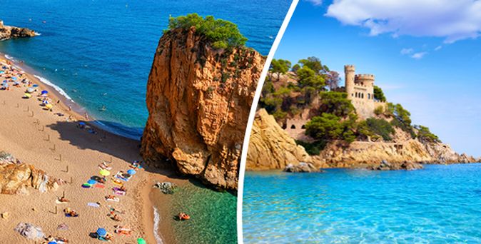 Collage aus zwei Bildern: links ein Strand mit bunten Sonnenschirmen an der Costa Brava und rechts ein Küstenabschnitt mit Turm und klarem Wasser an der Costa Daurada in Katalonien