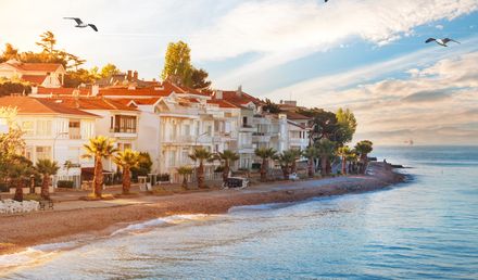 Küste von Kinaliada bei Istanbul in der Türkei mit weißen Häusern entlang der Promenade, Palmen, fliegenden Möwen und ruhigem Meer im warmen Abendlicht.