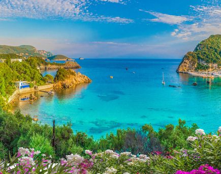 Bucht von Paleokastritsa in Griechenland mit türkisblauem Wasser, grünen Hügeln und bunten Blumen im Vordergrund