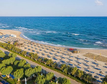 Luftaufnahme des Anissa Beach auf Kreta mit Sandstrand, Reihen von blauen Sonnenschirmen und Liegen, grünem Buschwerk und blauem Meer mit kleinen Wellen.