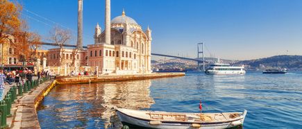 Ortaköy-Moschee am Bosporus in Istanbul mit vorbeifahrenden Fähren, Brücke im Hintergrund und Uferpromenade bei sonnigem Wetter