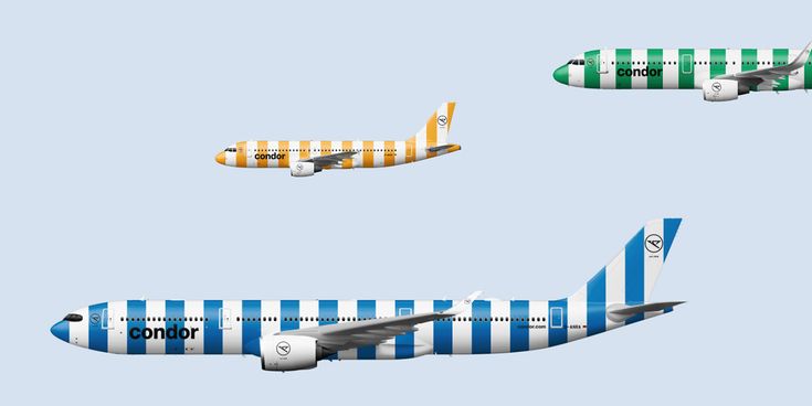 Drei Condor Flugzeuge in der neuen gestreiften Markenlackierung in Blau, Gelb und Grün auf hellem Hintergrund, dargestellt als Flottenübersicht