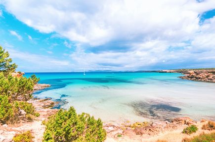 Blick auf die türkisfarbene Bucht Cala Saona auf Formentera, eingerahmt von Felsen und grüner Küstenlandschaft