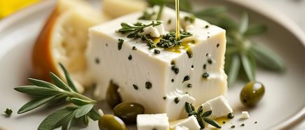 Ein Stück Feta liegt auf dem Teller und wird mit Olivenöl begossen