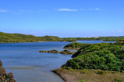 Blick auf das Wasser und die grüne Vegetation im Parc natural de s'Albufera des Grau auf Menorca unter blauem Himmel