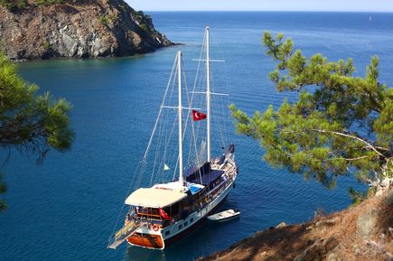 Segelboot in einer ruhigen Bucht an der türkischen Küste bei Kemer, umgeben von klarem blauem Meer und Felsen