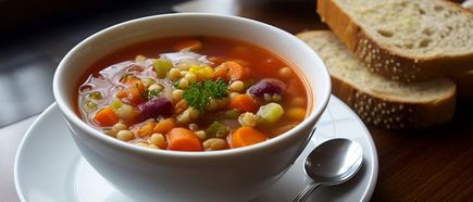 Weiße Schüssel mit Gemüsesuppe, sichtbar sind Karotten, Bohnen, Mais und Petersilie, daneben zwei Scheiben Brot und ein Löffel auf einem weißen Teller.