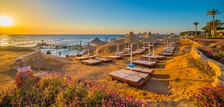 Strand in Marsa Alam bei Sonnenuntergang mit Holzstegen, Sonnenliegen, strohgedeckten Sonnenschirmen und blühenden Pflanzen in warmem goldenen Licht