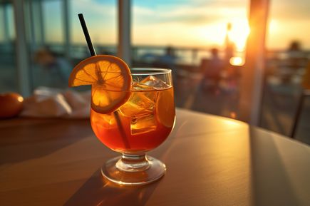 Nahaufnahme eines Cocktails mit Orangenscheiben und Strohhalm auf einem Tisch, im Hintergrund Sonnenuntergang