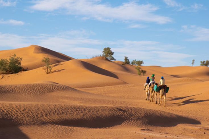 Drei Personen reiten auf Kamelen durch sandige Dünenlandschaft unter blauem Himmel in Ägypten