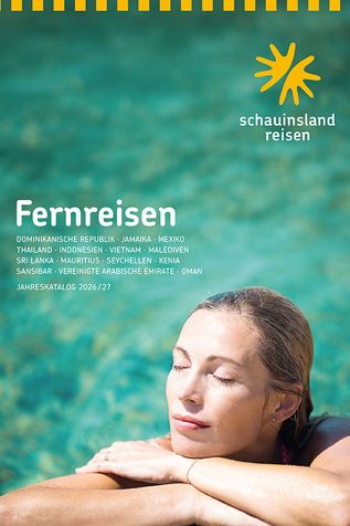 Person lehnt mit geschlossenen Augen an einem Beckenrand in klarem, türkisfarbenem Wasser. Darüber steht „Fernreisen“ mit einer Länderauflistung sowie „Jahreskatalog 2026/27“ und das Logo von schauinsland reisen.